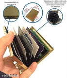 Black metal Sonrisa RFID-protected debit/credit card holder, water-resistant and gold-toned, with space for 6 cards. Solid design for business use
