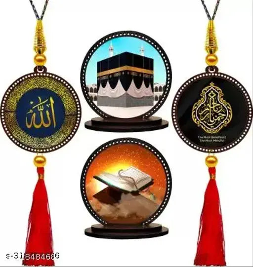 High-quality, wooden, religious idols set (Giftlab Allah Muslim Quran & Mecca Madina car hanging combo pack of 4) for car interior or gifting, double-sided tape pre-installed, ideal dimensions: 3"x3.2" dashboard idol, 3"x (varies) car hanging ornament. Made in India
