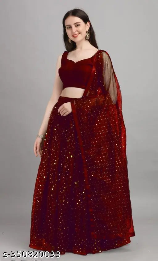 Maroon semi-stitched lehenga choli, embellished satin top & net bottom with solid dupatta, India