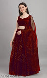 Maroon semi-stitched lehenga choli, embellished satin top & net bottom with solid dupatta, India