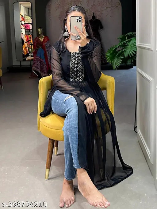 Georgette Naira Embroidered Kurti, long-sleeved solid-colored Indian traditional outfit for women, S-XXXL sizes available