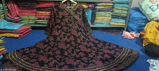 Black and pink embroidered rayon anarkali kurta