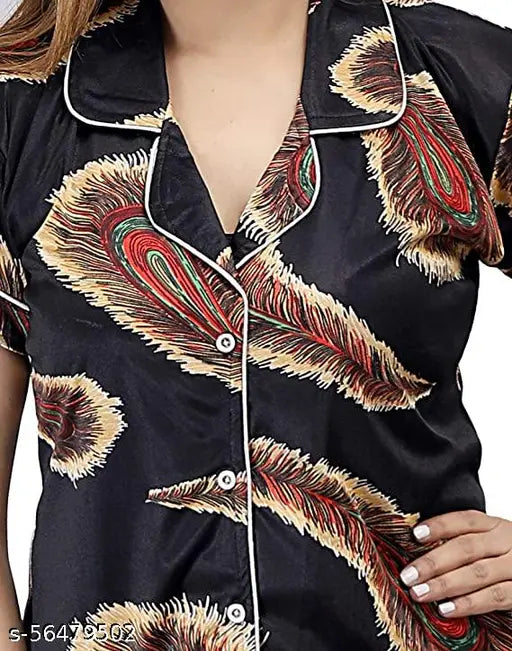 Trendy black satin morpankh print nightsuit with elastic waistband, comfortable women's sleepwear for fabulous look