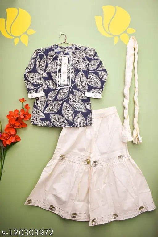 Embroidered cotton leaf print A-line kurti sharara with dupatta for kids, Indian traditional wear