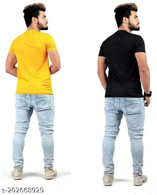 Black cotton blend round neck T-shirt by CAZORA, featuring yellow solid design and short sleeves. Ideal men's fashion choice for casual wear. Made in India