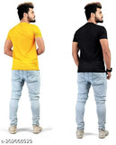 Black cotton blend round neck T-shirt by CAZORA, featuring yellow solid design and short sleeves. Ideal men's fashion choice for casual wear. Made in India