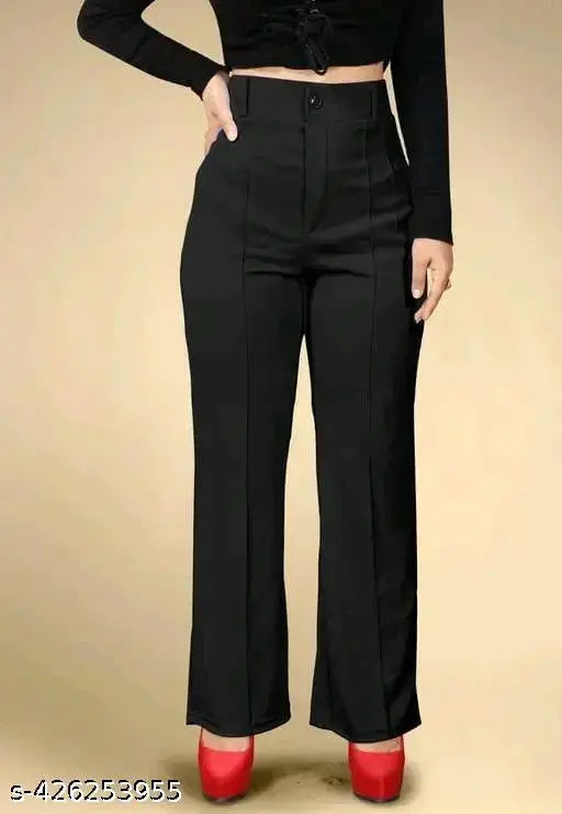 Trendy straight-leg trousers for women, black, featuring a visible zip fly