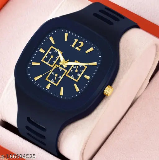 Blue analog watch with white markings and silicone strap, for boys
