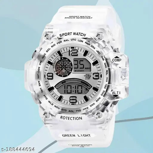 White digital watch with transparent case, shockproof design, multi-functional features, automatic movement, color dials and white strap. Waterproof sports watch suitable for both men and kids