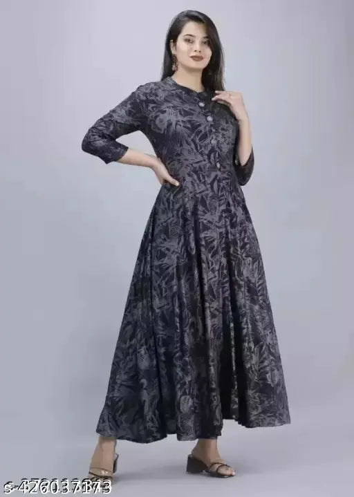 Black rayon kurti, three-quarter sleeves, printed combo design. Cham cham Indian fashion, casual wear for women