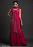 Red and gold traditional women's attire, long kurta set with shararas