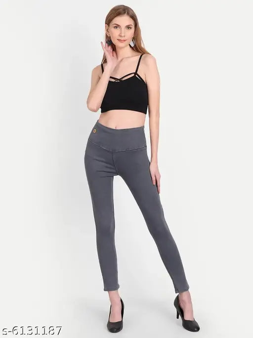 Solid grey denim jeggings for women, high waist and skinny fit with stretchable elastic closer, ankle length