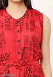 Pink poly crepe jumpsuit with paper print design, sleeveless and vibrant, one piece from J & J, India