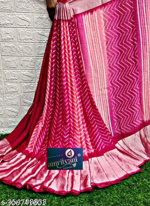 Brasso Moss Chiffon Zigzag Print saree - soft, smooth, premium quality chiffon fabric with contrast border, pallu, and blouse for daily wear and parties in South Indian states