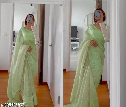 Fency net light green saree, embroidered with heavy squares, single piece in free size, Indian origin