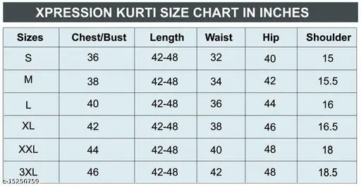 Anarkali Kurti in size chart, suitable for weddings and parties, designed with a blend of fashion and comfort