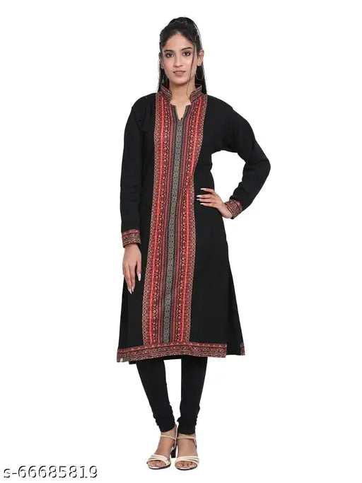 Black, straight woolen party kurta with long sleeves