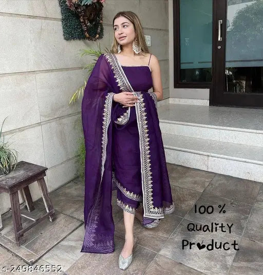 Purple georgette embroidered Indian kurta plazzo set with dupatta, perfect for festive partywear