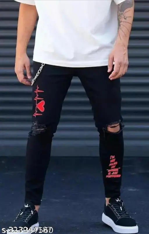 Printed denim knee cut jeans, solid black with placement print, Cotton fabric, India-made, size 28, 30, 32 (waist 28/30/32 in, length 40 in, hip 33/35/37 in)