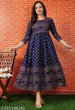 Blue rayon anarkali New Jaipur kurti with three-quarter sleeves and printed combo, women's fashion wear