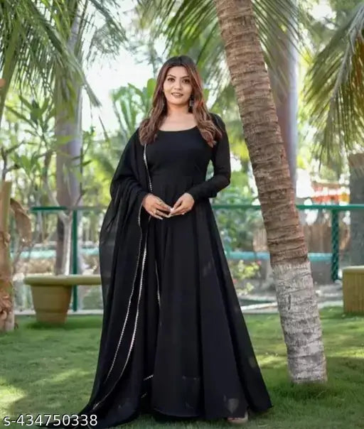 Black Georgette Anarkali Gown with Dupatta - Indian women's formal wear, long-sleeve, round neck, solid color, various sizes available