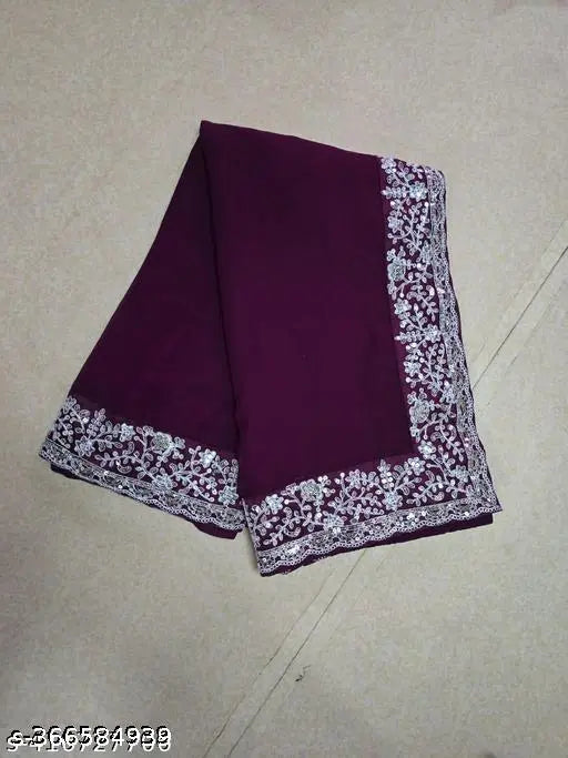 Georgette embroidered purple sari for women, with blouse. Trending fashionable party wear