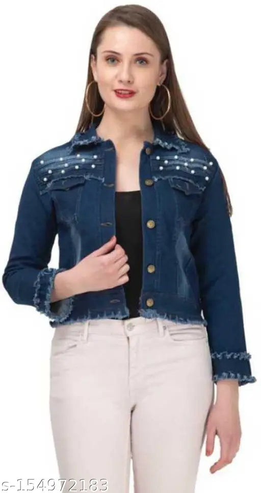 Denim waistcoat for women, solid pattern, long sleeves - Indian-made classy, elegant jacket