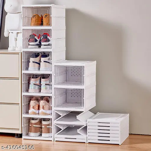 White shoe organizer with clear doors, collapsible for easy storage