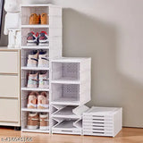 White shoe organizer with clear doors, collapsible for easy storage