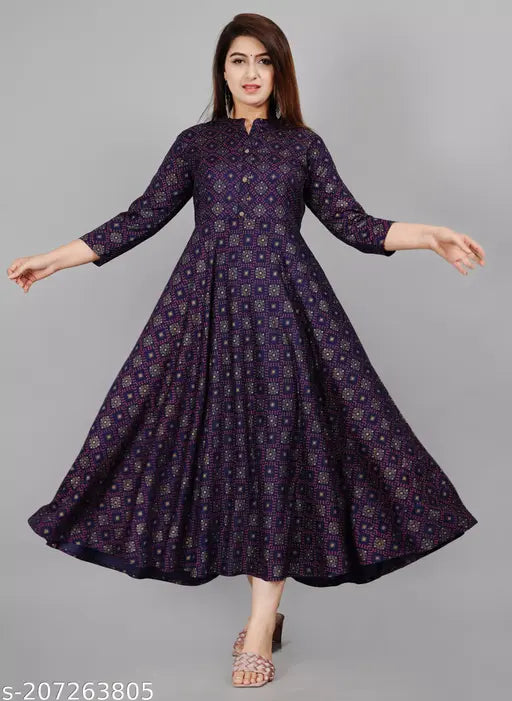 Blue viscose rayon full-flared Anarkali kurti with printed combo, three-quarter sleeves on hanger