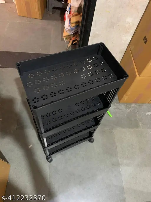 Black metal tiered kitchen rack with four tiers, ideal for storing onions, potatoes and other fruit and vegetables