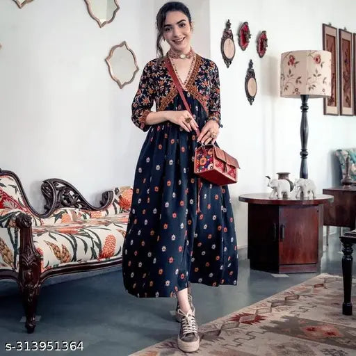 Trendy black rayon Anarkali kurti, floral printed for women's ethnic party wear, three-quarter sleeves