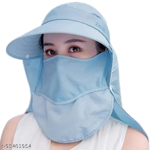 A blue sun cap with a wide brim, ponytail holes, detachable flaps for UV protection, and an integrated face mask