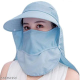 A blue sun cap with a wide brim, ponytail holes, detachable flaps for UV protection, and an integrated face mask