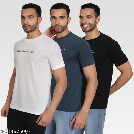 Zeffit Men's Typography Round White Tshirts Pack 3