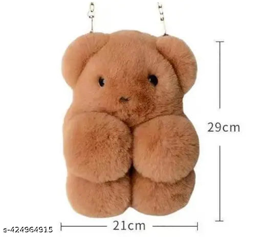 Soft brown teddy bear sling bag with adjustable strap, suitable for girls and kids, measuring 26cm x 35cm