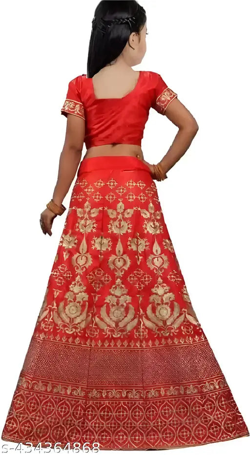 Embroidered satin lehenga choli and net dupatta set for girls, semi-stitched Indian ethnic wear in sizes 2-13 years