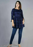 Blue printed rayon tunic, three-quarter sleeves, XS to XXXXL sizes
