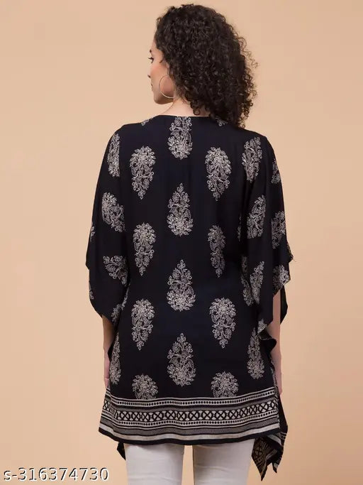 Black Rayon Kaftan, Jaipuri print, red fringes, adjustable waist, HIVE91 design