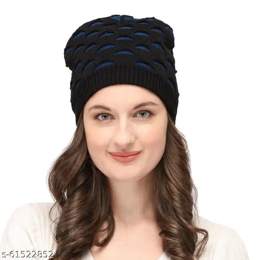 Wool beanie cap with faux fur lining, black with blue accents
