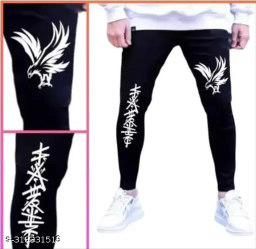 Men's black polycotton printed jeans, solid design from Agate Garments, size 32/waist 32in/length 40in/hip 34in (India)