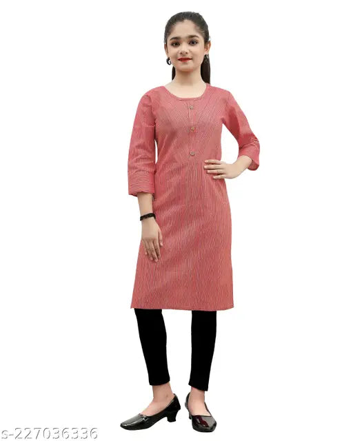 Striped cotton three-quarter sleeve kurta for girls self design, 9-10 years size with 31in top bust and 35in top length