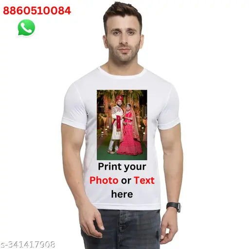 Customized white polyester Drifit T-shirt with personalized photo print, suitable for men's gifts, couples, or promotions. High-quality HD printing on solid surface. Made in India