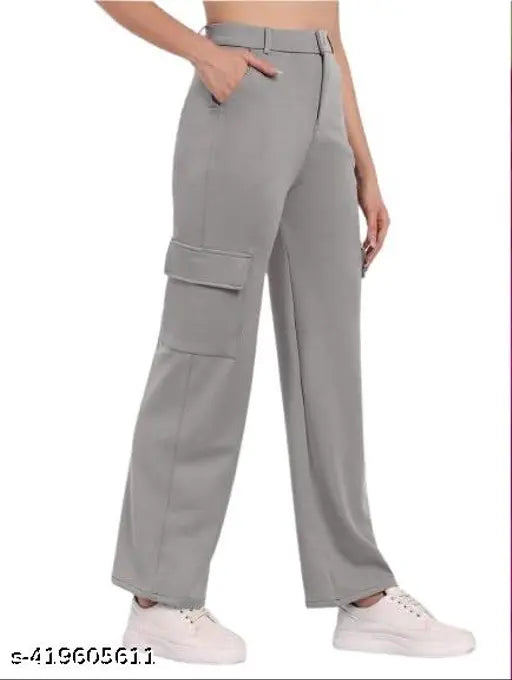 Grey cargo pants for women, full length, drawstring closure, multiple pockets