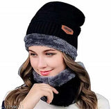 Wool beanie cap with muffler (Black, Pack of 2) - Premium quality, stretchy thermal-spun acrylic & artificial wool for winter wear