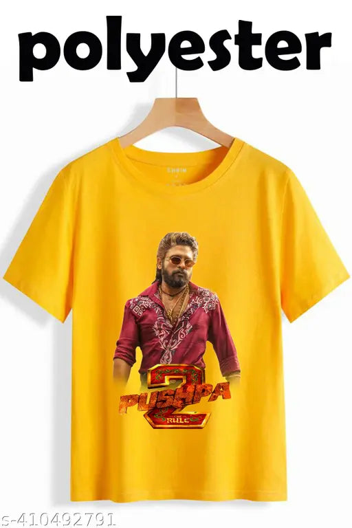 Yellow Allu Arjun Pushpa 2 NEW pink look printed net short-sleeve polyesther top on hanger, India origin