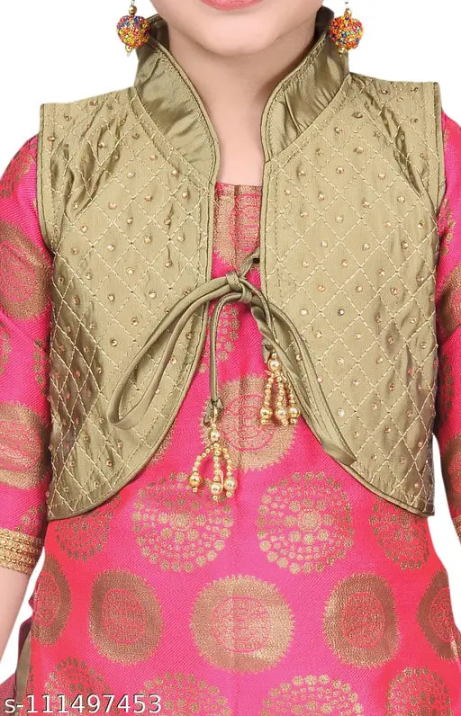 Pink cotton blend designer embroidery Patiala suit for girls by Hariyal Creation, size 4-5 years. Indian ethnic kids wear featuring anarkali top with three-quarter sleeves and knee-length