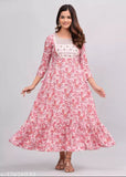 Pink printed anarkali dress with long flared skirt and short sleeves, cotton fabric, 3/4 length