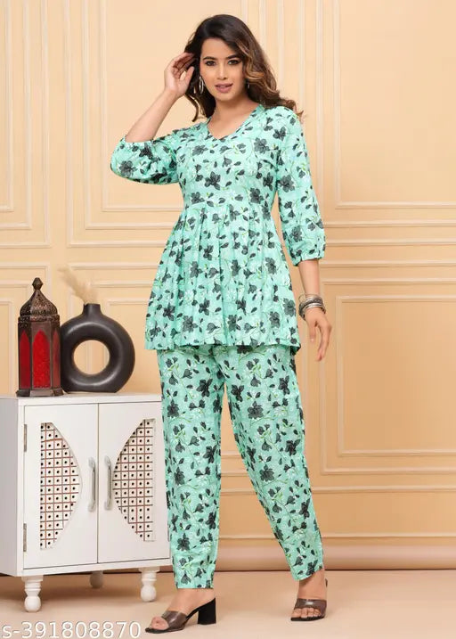 Women's and girls floral printed rayon night suit, Anarkali style Western dress with easy feeding access, lightweight and breathable, India