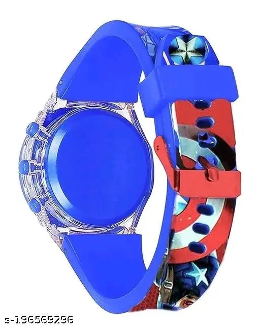 Captain America face watch with music and light system, designed for kids, featuring patriotic colors and design